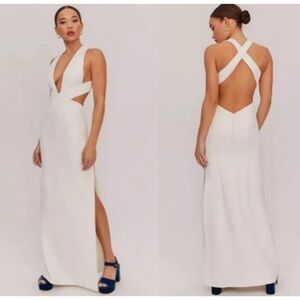 Fame and Partners Firedust White Cocktail Dress Open Back Long Maxi Leg Slit NWT